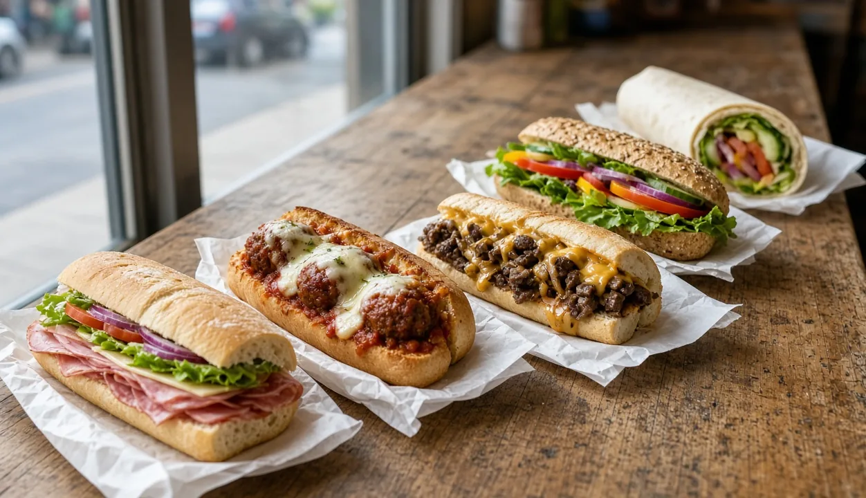 Subs and a wrap on a counter