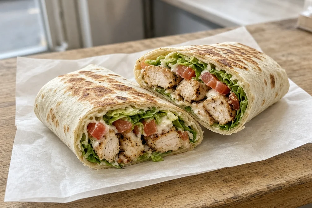 Southwest Thai Chicken Wrap with grilled chicken, lettuce and tomato, cut in half